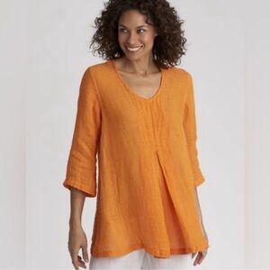 FLAX Woodstock Flowy Linen Blouse Orange V Neck Size Small Women’s 3/4 Sleeves